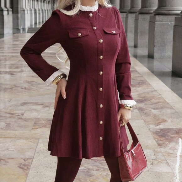 Burgundy Elegant Women's Fitted Long Sleeve Dress